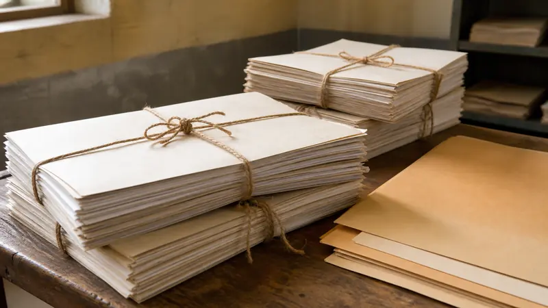 Bundles of admission files tied with string and stacked beside closed folders on a wooden desk in a school records room.