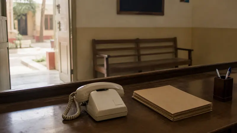 Front-office counter of an Indian school with a landline telephone, closed files and an empty visitor bench in morning light.