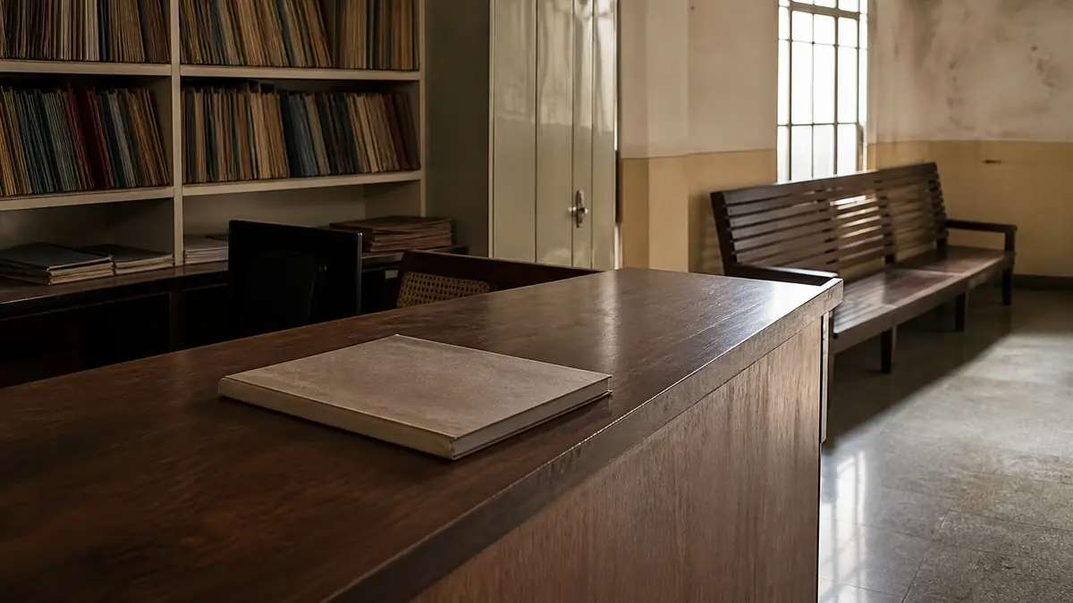 Early morning in an Indian school admissions office: an empty enquiry counter, a wooden bench, and shelves of closed files.