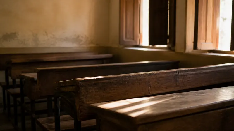 Empty benches and open shuttered windows in an Indian school classroom in early morning light.
