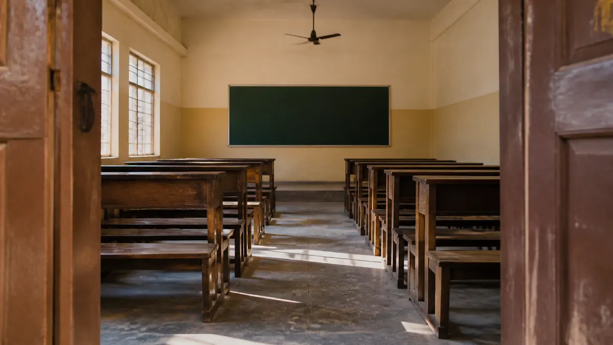 Rows of empty wooden benches in an Indian classroom, morning light falling across a clean blackboard.