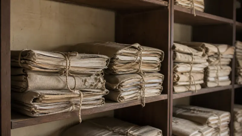 Cloth-bound bundles of school records stacked on wooden shelves in an Indian school office.