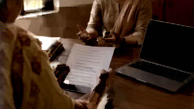 Hands reviewing a printed checklist beside a laptop during a school software evaluation meeting.