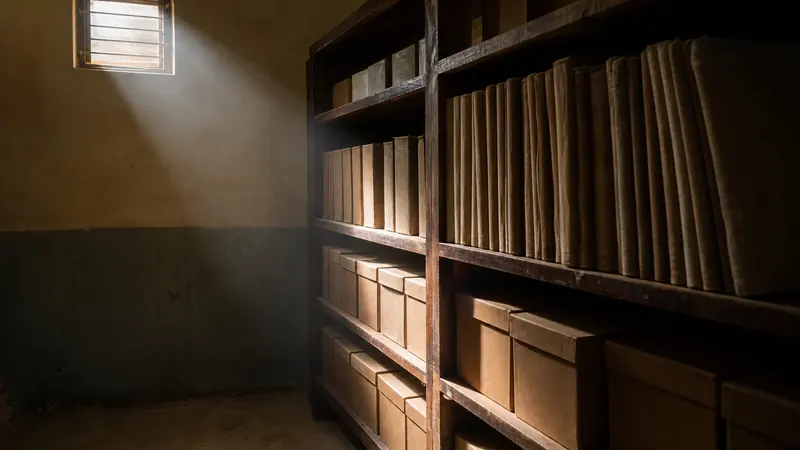 Shelves of old bound registers and box files in a school records room, lit by a single window.