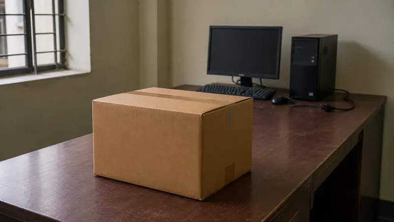 A sealed carton of files on a cleared school office desk beside a switched-off desktop computer.