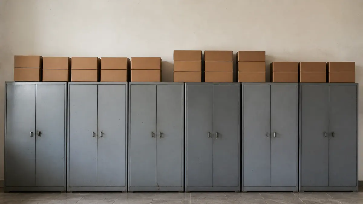 Steel almirahs and stacked box files along the wall of an Indian school administrative office in morning light.