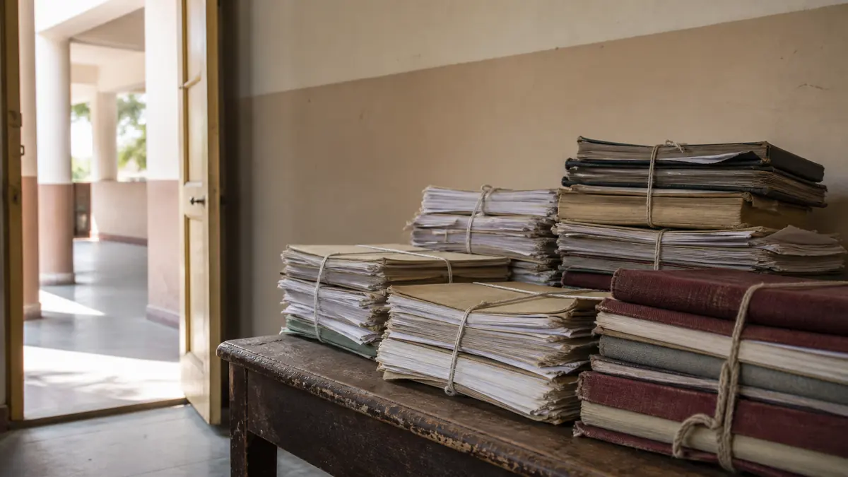 Stacked student record files and bound registers on a school office desk, morning light falling from a corridor window.