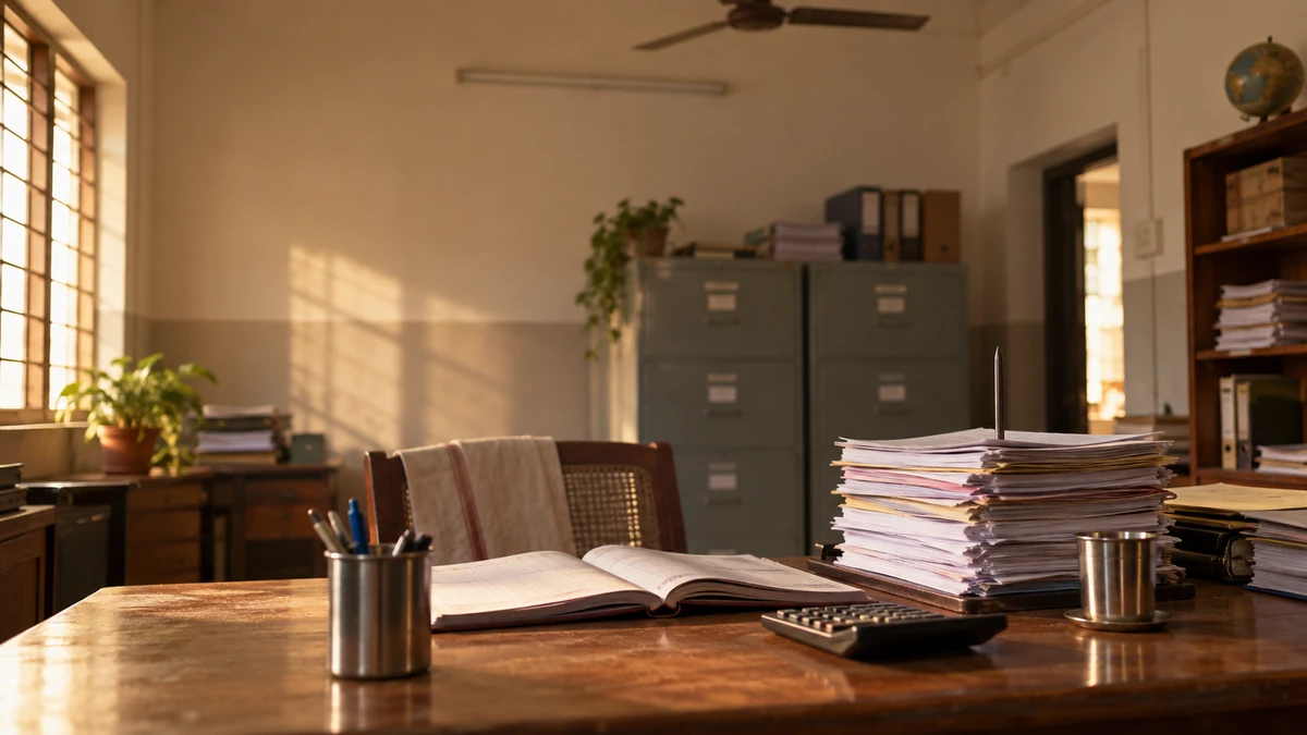 A school accounts office desk in late-afternoon light: a stack of invoices on a spike file, a calculator, an open ledger and a steel tea cup, with grey filing cabinets behind.