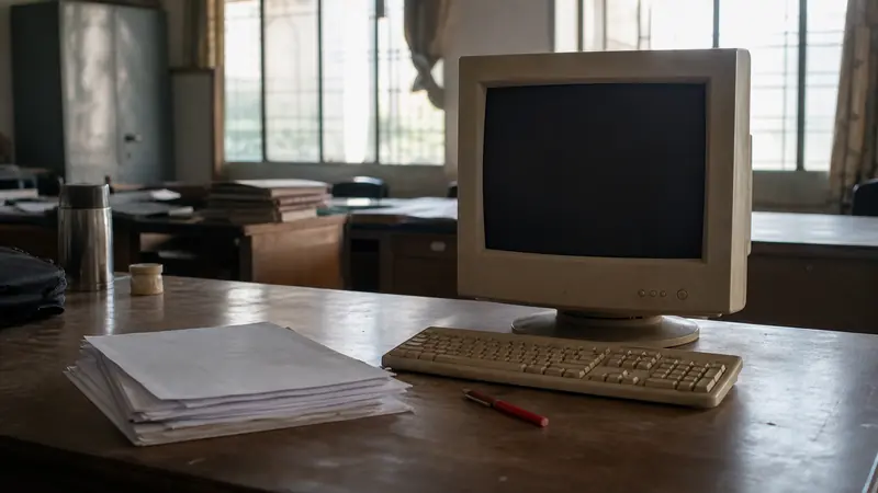 An ageing desktop computer on a shared desk in an Indian school staffroom, stacked answer sheets beside the keyboard.