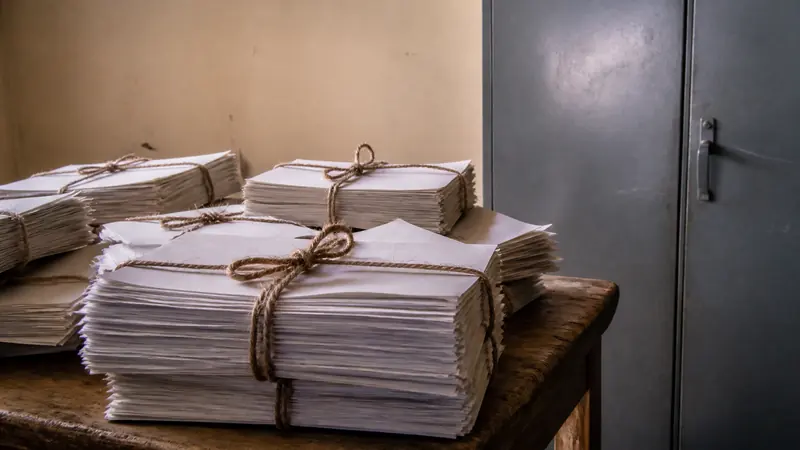 Bundles of paper tied with string, stacked on a wooden staffroom table in an Indian school beside a steel cupboard.