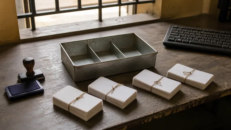 A school fee counter window seen from the office side, with a cash tray, a stamp pad, and bundled receipt slips beside a keyboard.
