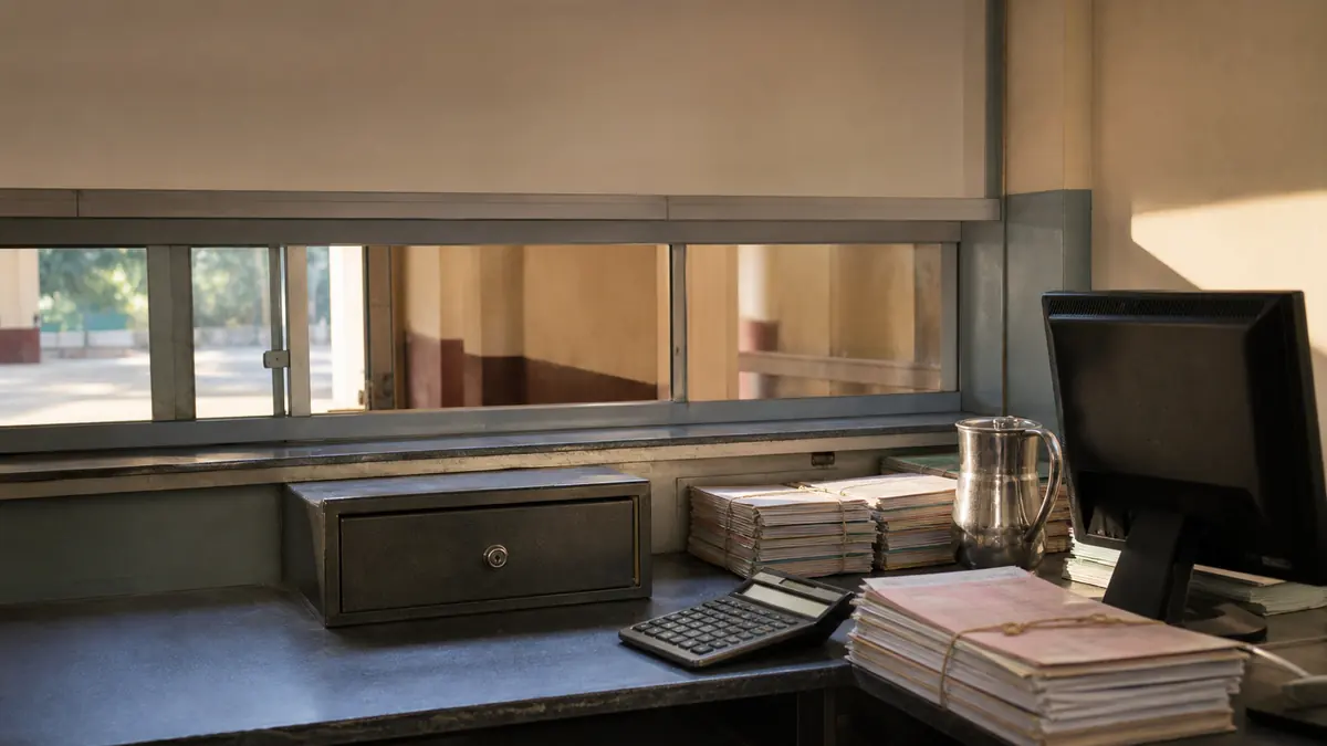 A school finance office counter with a closed cash drawer, stacked receipt books, and an idle computer terminal in morning light.