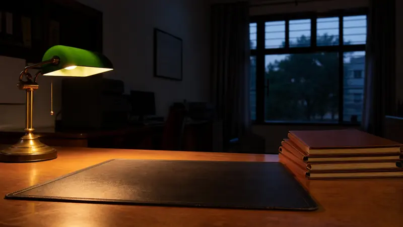 An orderly school administration desk at end of day, files closed and squared, a single lamp lit over a clean blotter.