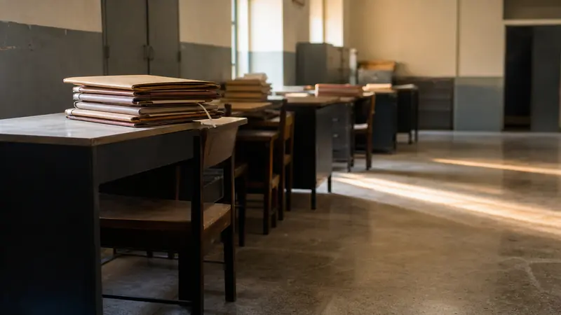 Late-afternoon light in a quiet Indian school administrative office, chairs pushed in and files closed on the desks.