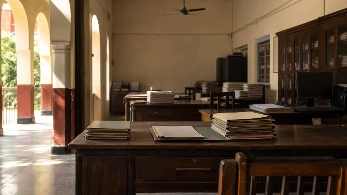 Morning light falling across an empty administrative office in an Indian school, with wooden desks, stacked paper files and a ceiling fan.