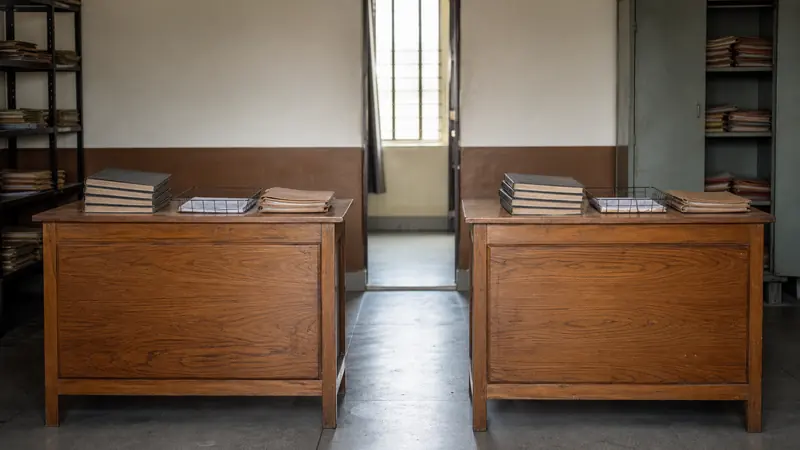 Two adjacent desks in an Indian school records room, each holding its own ledgers, filing trays and stacked folders.