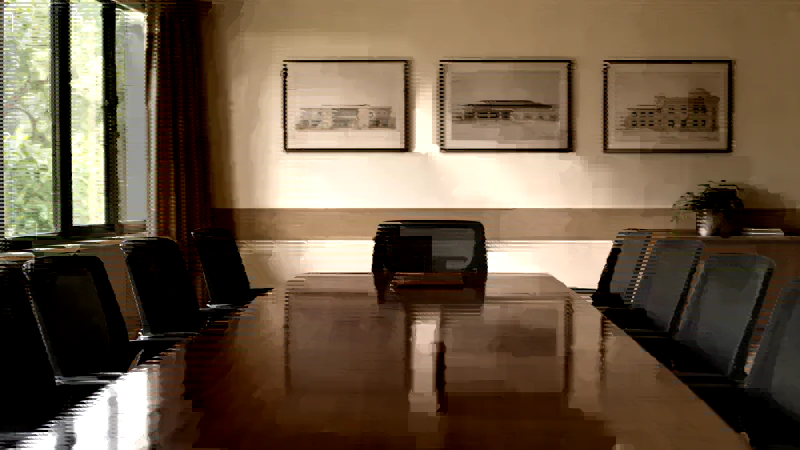 An empty school trust boardroom with a polished table and a single closed folder at the head seat.