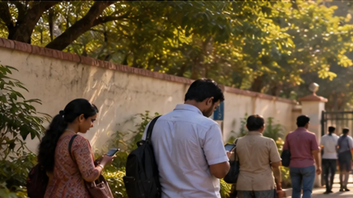 Parents seen from behind outside a school boundary wall at pick-up time, several reading their phones, late-afternoon light through the trees.