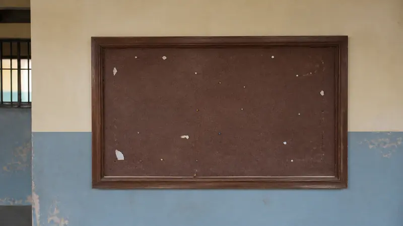 A weathered wooden noticeboard frame on an Indian school corridor wall, pins and faded paper corners seen from a distance.