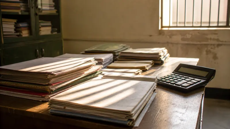 A school office desk stacked with paper ledgers and loose files beside a calculator, lit by warm afternoon light through a barred window.