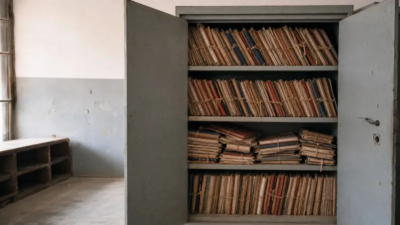 An open steel cupboard in a school records room, its shelves lined with bundled files and hard-bound registers tied with cord.
