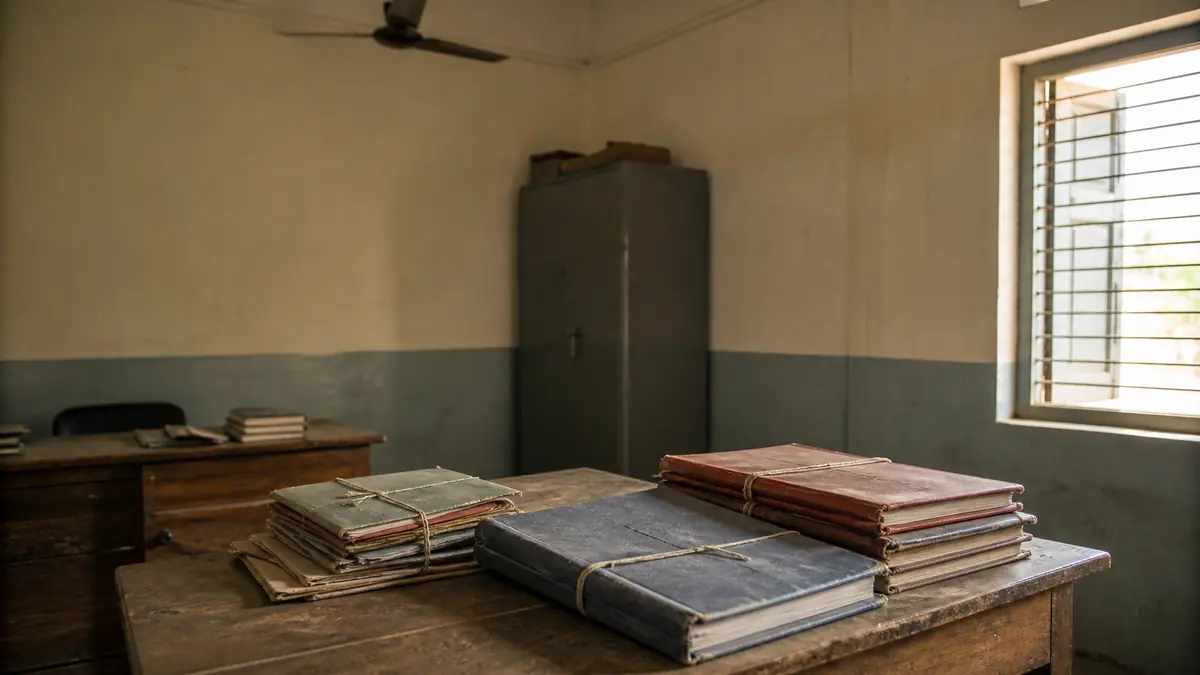 A school office in soft morning light, wooden desks holding closed ledgers and bundled files, a steel cupboard along the far wall.