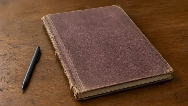 A worn cloth-bound register lying closed on a wooden desk in a school office, its spine frayed from years of daily handling.