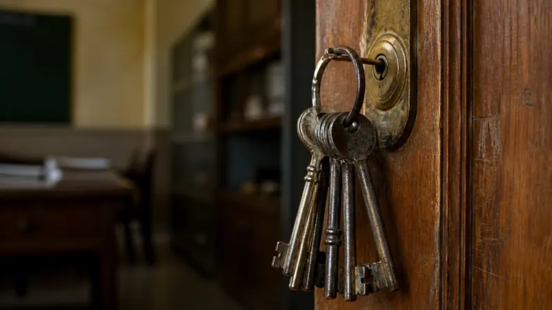 A bunch of keys hanging beside a locked wooden cupboard in an Indian school administrative office.
