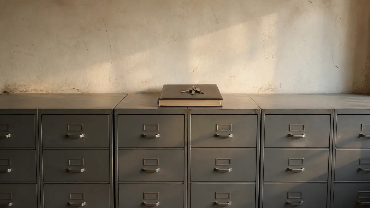 Steel filing cabinets and stacked closed ledgers in an Indian school office, keys resting beside a shut register.