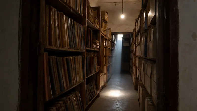 Shelves of bound registers and closed box files in an Indian school records room, seen from the doorway.