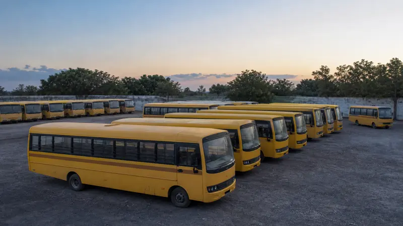 School buses parked in rows on the gravel yard of an Indian school depot in early morning light, engines off.