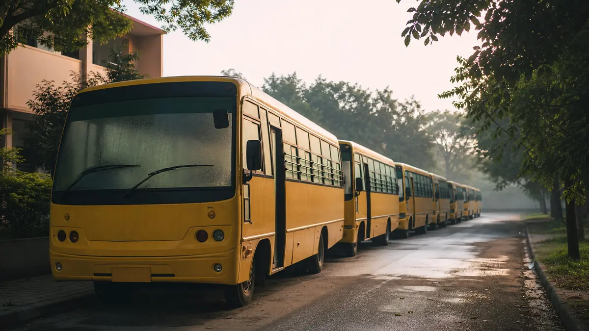 Yellow school buses parked in a quiet line along a tree-shaded lane outside an Indian school at dawn.