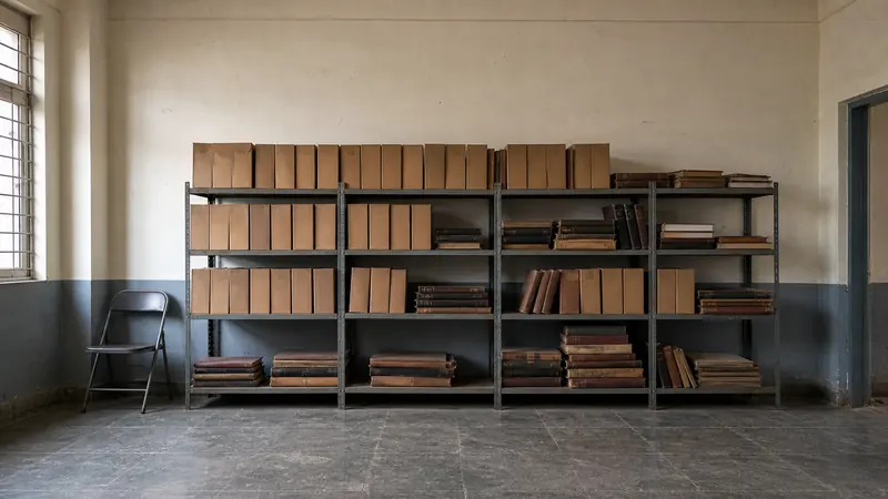 Rows of box files and bound registers on steel shelves in an Indian school transport office, viewed from across the room.