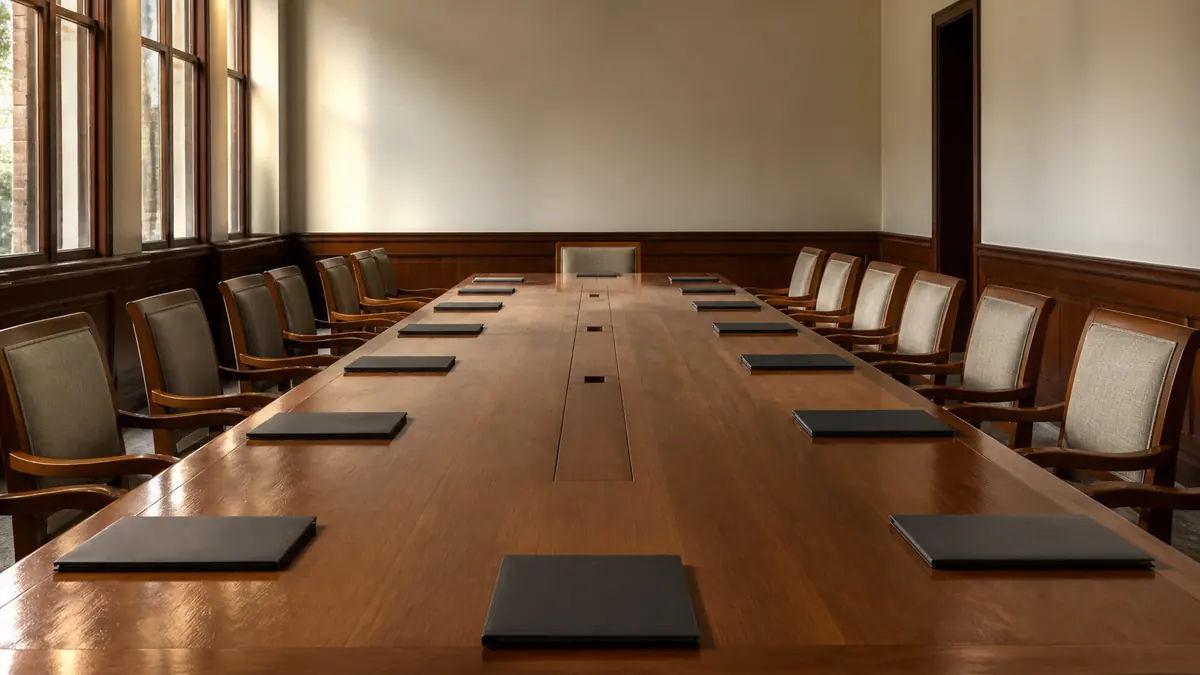 A long wooden table in an Indian trust-office boardroom, morning light through the windows, one closed folder placed at each empty seat.