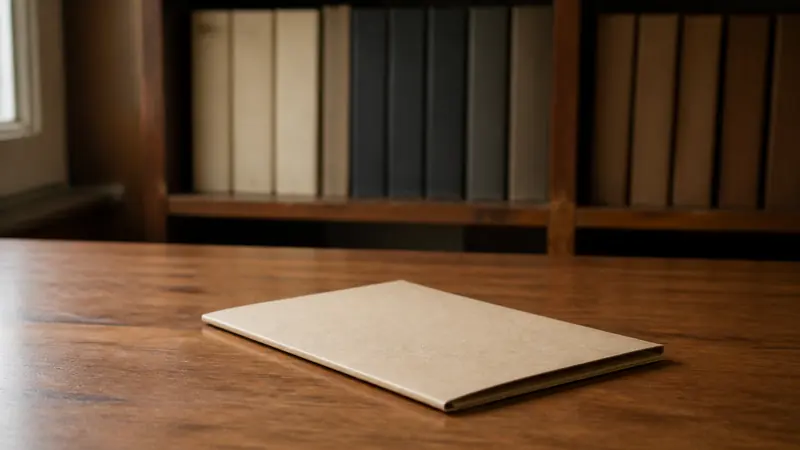 A slim closed folder resting on a wooden desk in a school trust office, bound ledgers shelved on the wall behind it.