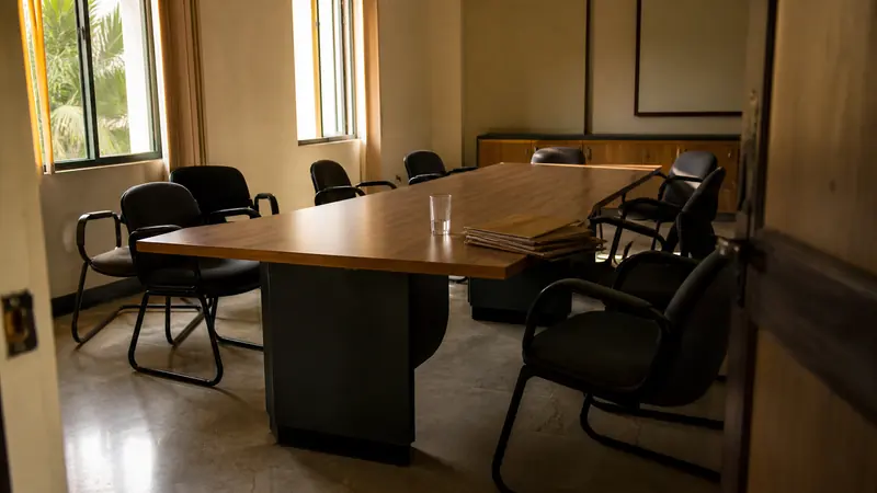 Empty chairs pushed back from a boardroom table in an Indian trust office after a meeting, files stacked neatly at one end.