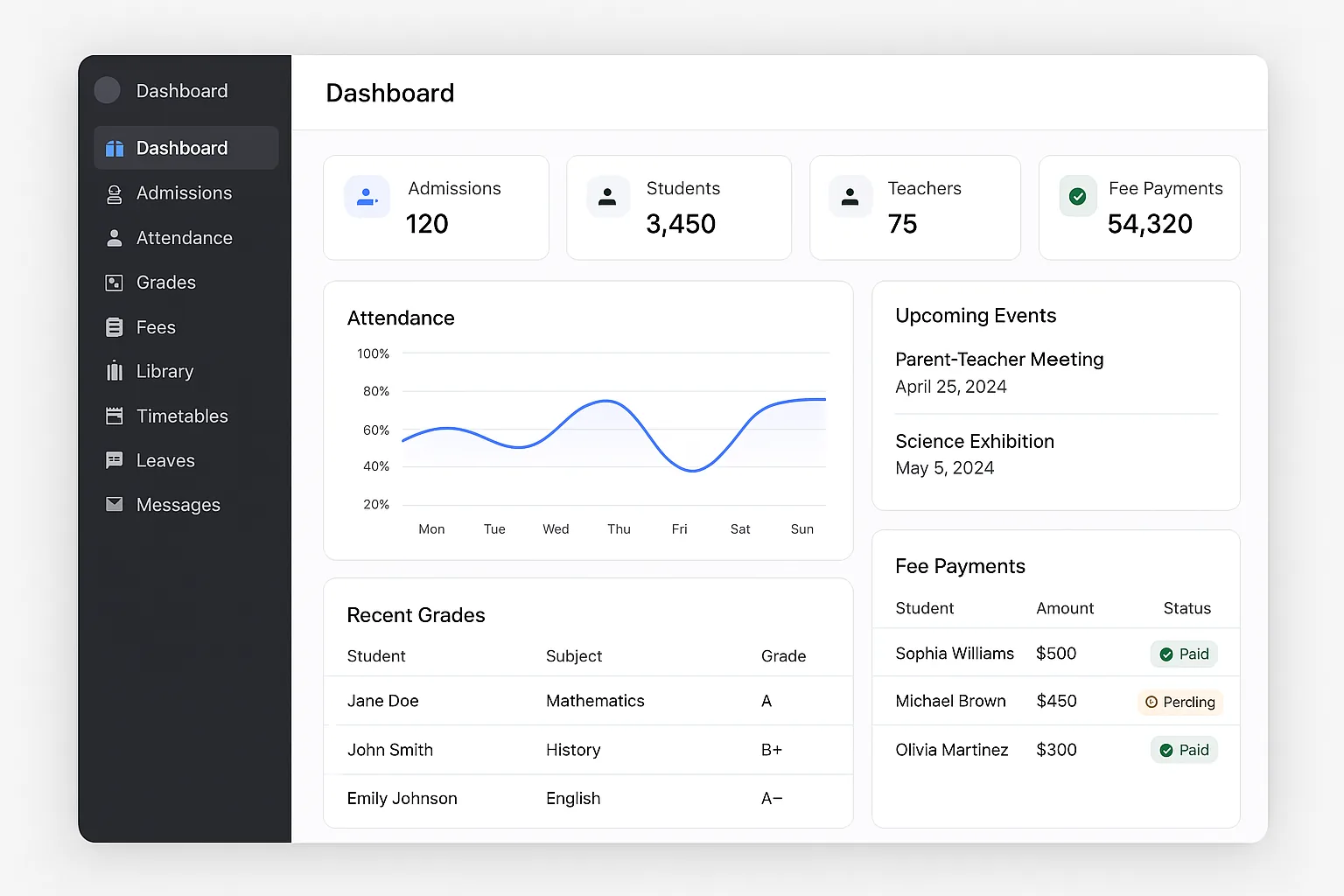 SquareCampus school management system dashboard preview for Indian schools