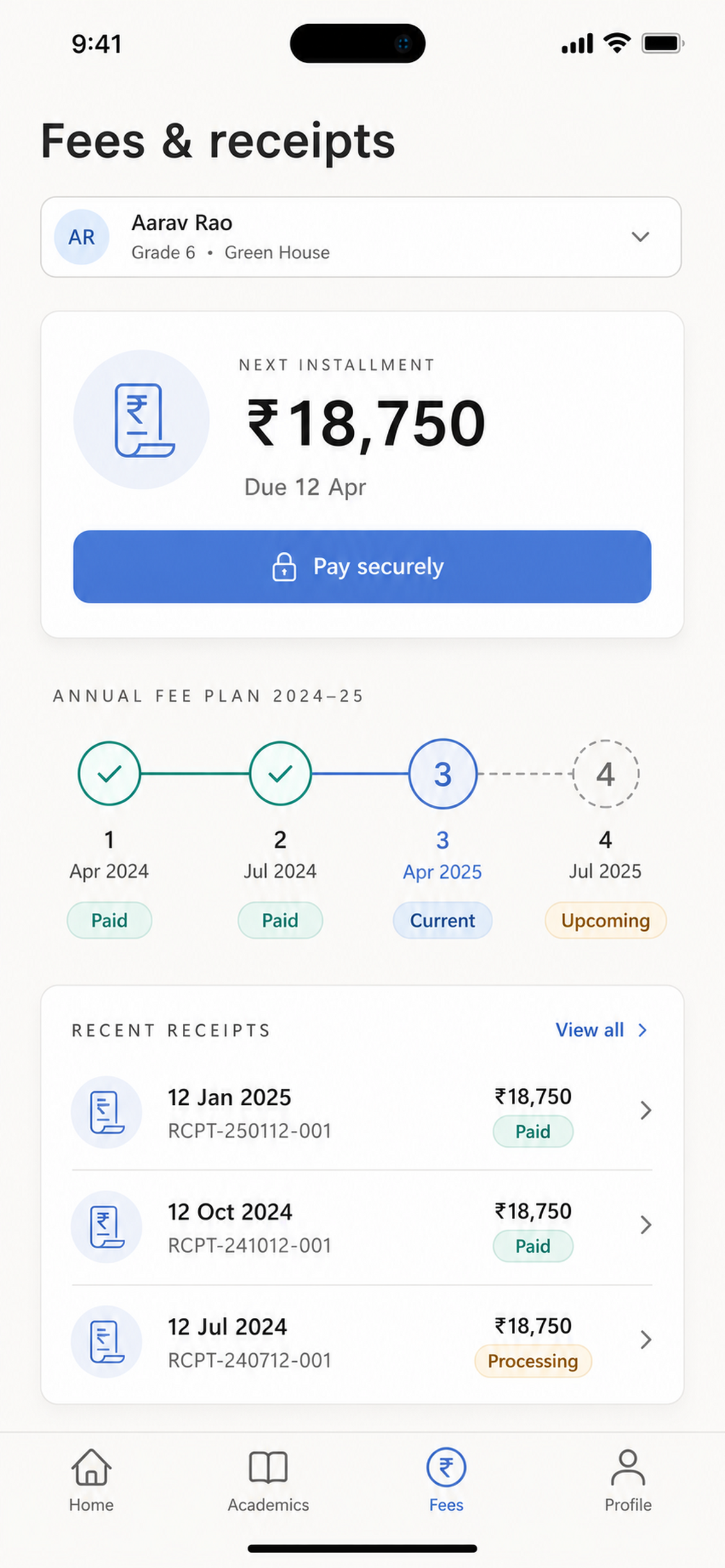SquareCampus parent app showing the annual fee plan, next installment, and receipts