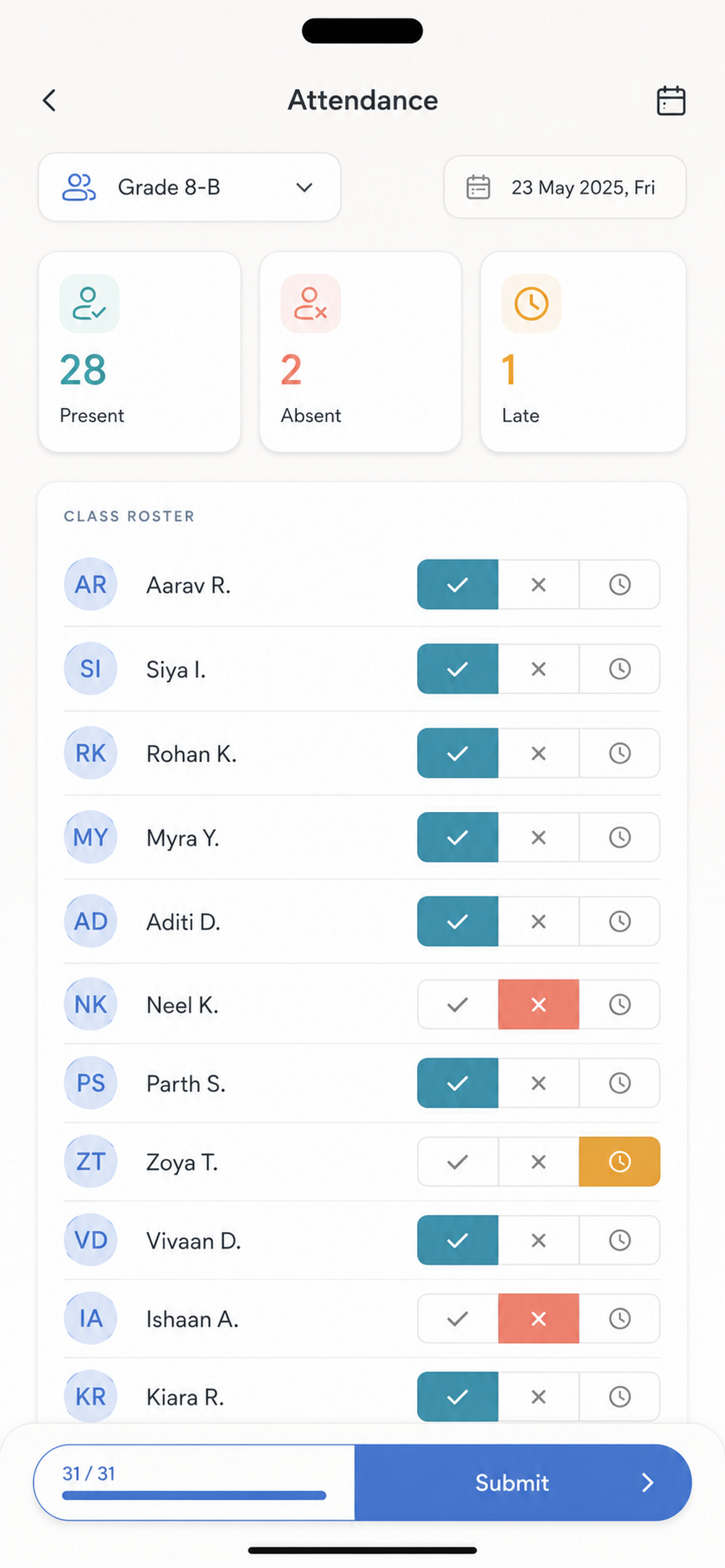 SquareCampus teacher app marking class attendance with present, absent, and late states