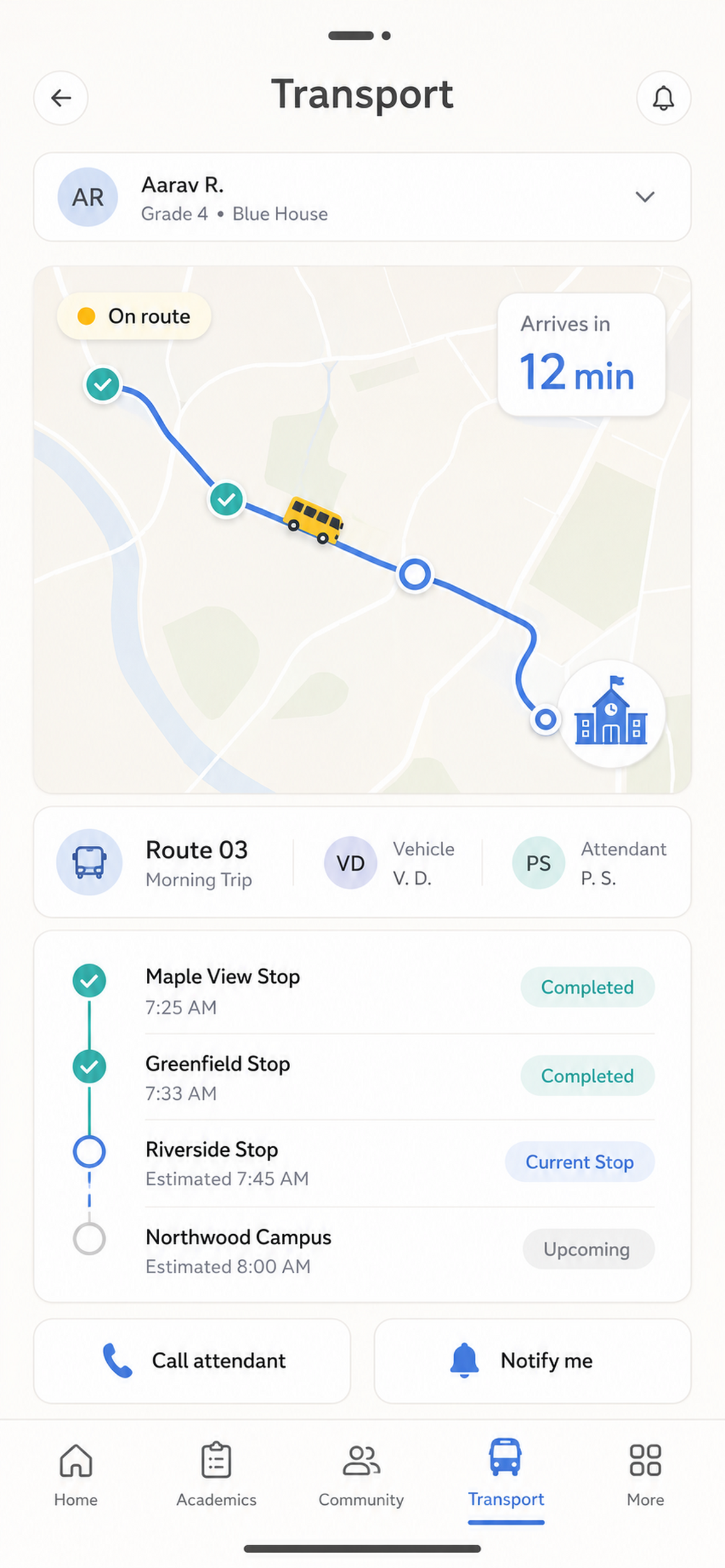 SquareCampus parent app showing live bus route progress with stop-by-stop status