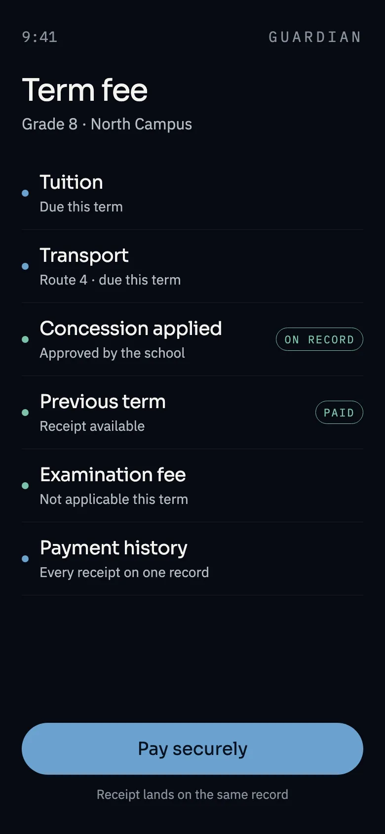 A guardian's view of a term fee on a phone: tuition and transport due, an approved concession recorded, and the previous term's receipt available.