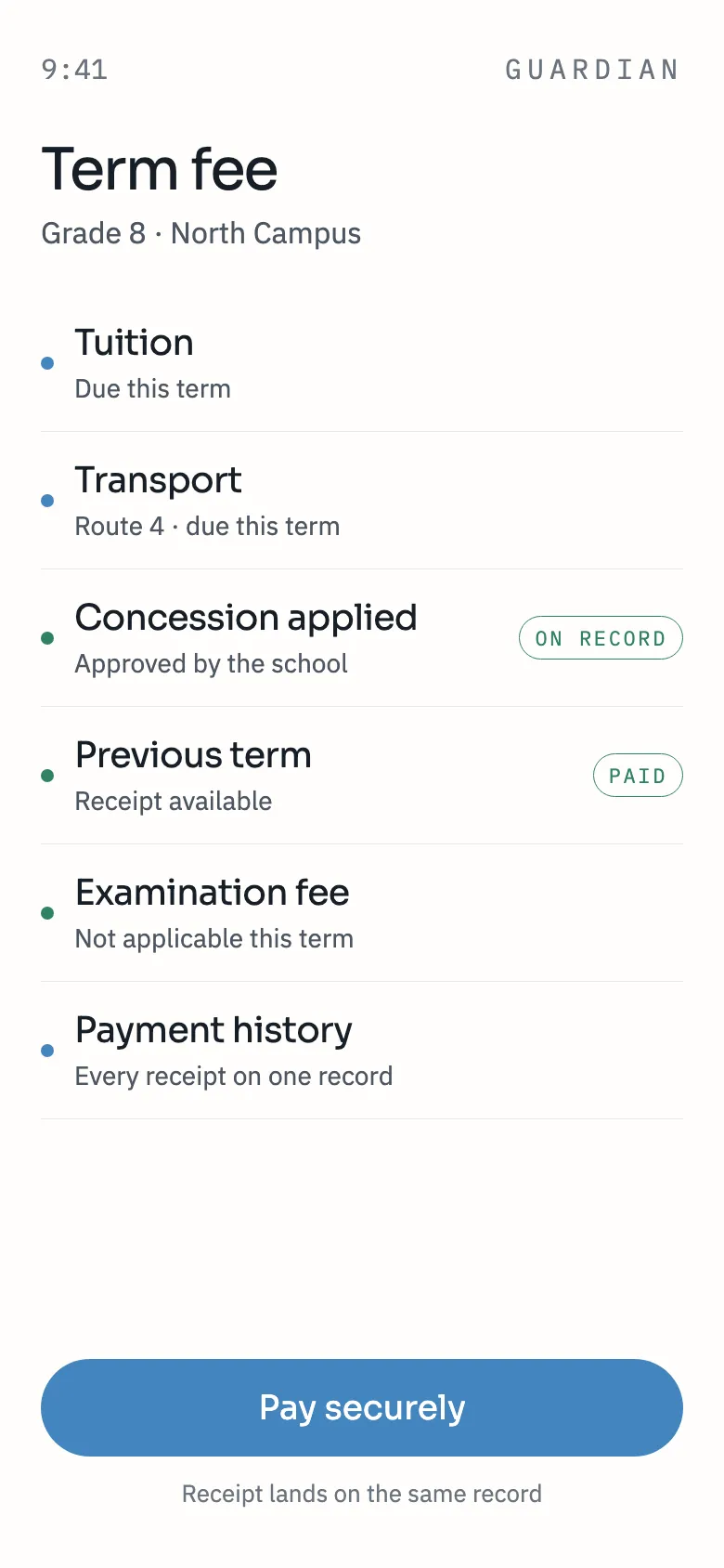 A guardian's view of a term fee on a phone: tuition and transport due, an approved concession recorded, and the previous term's receipt available.